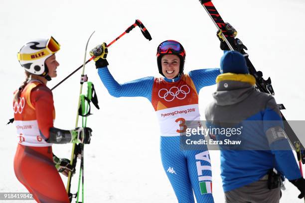 Bronze medallist Federica Brignone of Italy celebrates during the Ladies' Giant Slalom on day six of the PyeongChang 2018 Winter Olympic Games at...