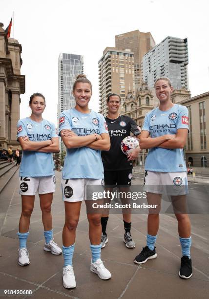 City players Lydia Williams, Steph Catley, Alanna Kennedy and Jodie Taylor pose during a Melbourne City W-League Media Opportunity at Paliament Steps...