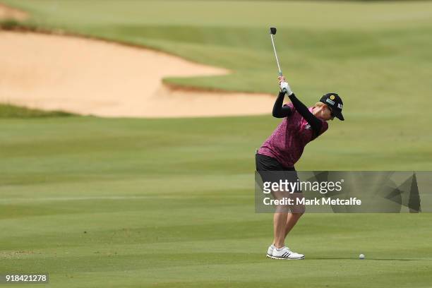 Karrie Webb of Australia hits an approach shot during day one of the ISPS Handa Australian Women's Open at Kooyonga Golf Club on February 15, 2018 in...
