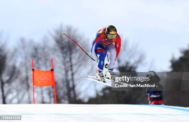 Adrien Theaux of France competes in the Men's Downhill Final at Jeongseon Alpine Centre on February 15, 2018 in Pyeongchang-gun, South Korea.