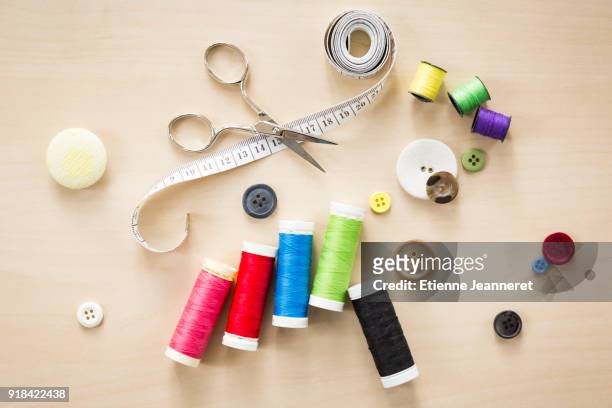 top shot of sewing equipment, nancy, france - sewing foto e immagini stock