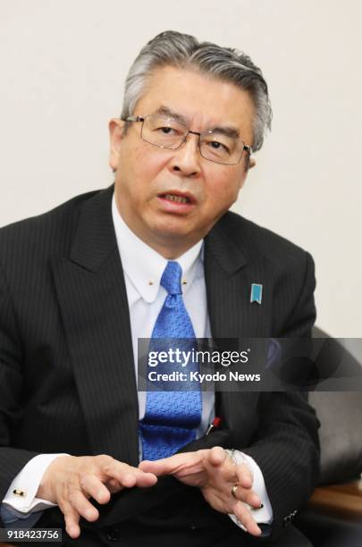 Japan's new Ambassador to the United States Shinsuke Sugiyama gives an interview at the Foreign Ministry in Tokyo on Feb. 15, 2018. ==Kyodo