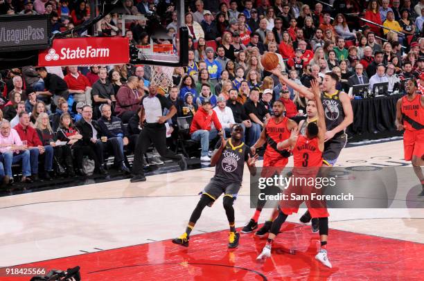 Klay Thompson of the Golden State Warriors shoots the ball during the game against the Portland Trail Blazers on February 14, 2018 at the Moda Center...