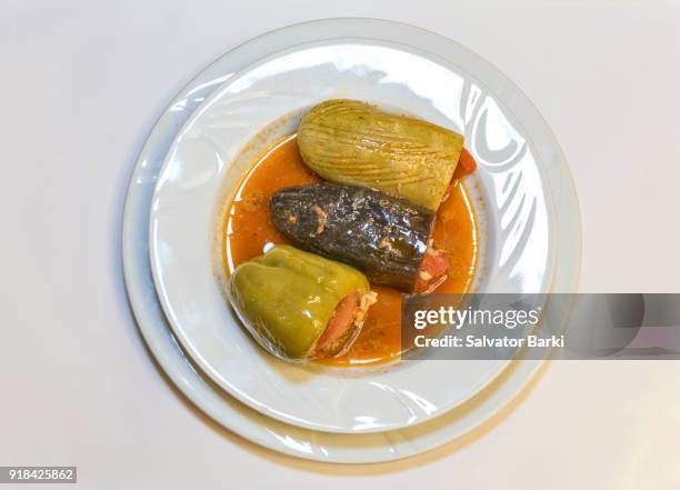 traditional turkish food, dolma, stuffed vegetables - melanzana foto e immagini stock