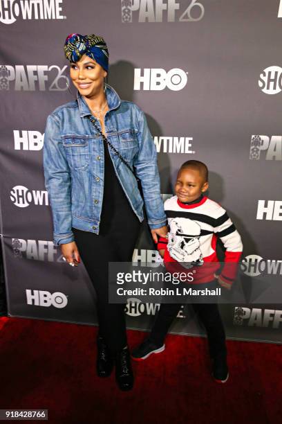 Singer Tamar Braxton and son Logan Vincent Herbert attend the Pan African Film Festival red carpet and screening of Marvel Studios "Black Panther" at...