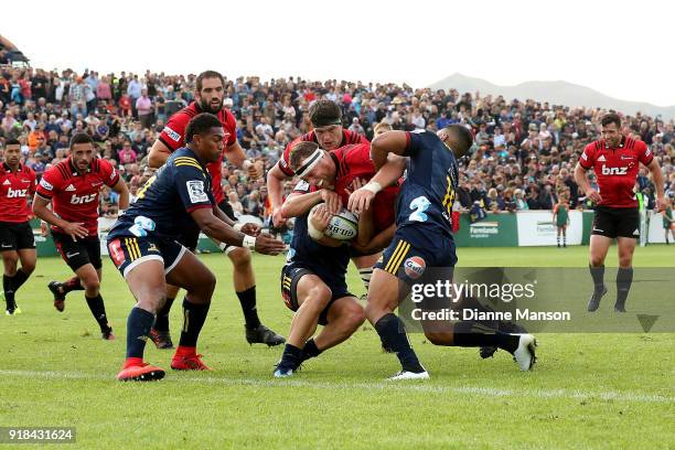 Wyatt Crockett of the Crusaders trybound during the Super Rugby trial match between the Highlanders and the Crusaders at Fred Booth Park on February...