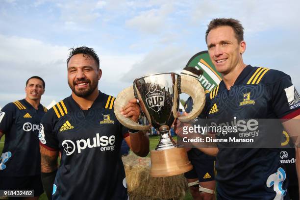 Co Captains Ash Dixon and Ben Smith of the Highlanders pose for a photo with the Farmlands Cup after defeating the Crusaders in the Super Rugby trial...