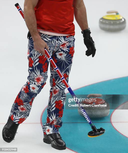 General view of the pants worn by the Norwegian team during the Curling Men's Round Robin Session 3 held at Gangneung Curling Centre on February 15,...