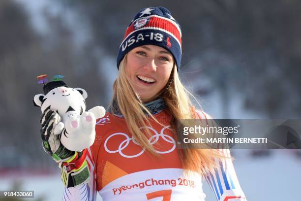 S winner Mikaela Shiffrin poses on the podium during the victory ceremony for the women's Giant Slalom at the Yongpyong Alpine Centre during the...