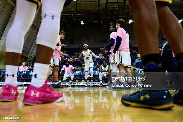 Isiah Deas of the La Salle Explorers is introduced before the game against the St. Bonaventure Bonnies at Tom Gola Arena on February 13, 2018 in...
