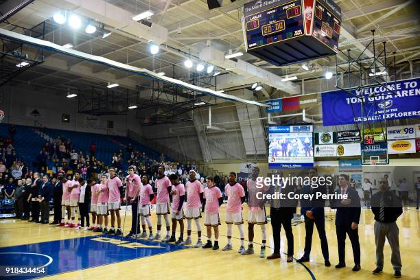 The La Salle Explorers lines up for the national anthem before the game against the St. Bonaventure Bonnies at Tom Gola Arena on February 13, 2018 in...
