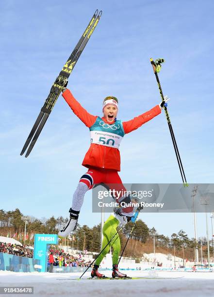 Ragnhild Haga of Norway celebrates winning the Cross-Country Skiing Ladies' 10 km Free on day six of the PyeongChang 2018 Winter Olympic Games at...