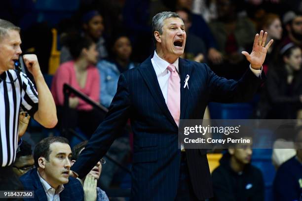 Head coach John Giannini of the La Salle Explorers calls out to his team against the St. Bonaventure Bonnies during the first half at Tom Gola Arena...