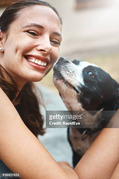 staffordshire bullterrier sniffning vackra, leende flicka - staffordshire bull terrier bildbanksfoton och bilder
