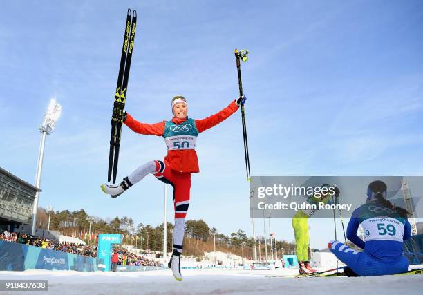 Ragnhild Haga of Norway celebrates winning the Cross-Country Skiing Ladies' 10 km Free on day six of the PyeongChang 2018 Winter Olympic Games at...