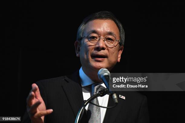 League Chairman Mitsuru Murai addresses during the J.League Kick Off Conference on February 15, 2018 in Tokyo, Japan.