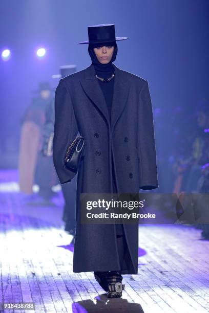 Model walks the runway during the Marc Jacobs Fall 2018 February 2018 New York Fashion Week: The Shows at Park Avenue Armory on February 14, 2018 in...