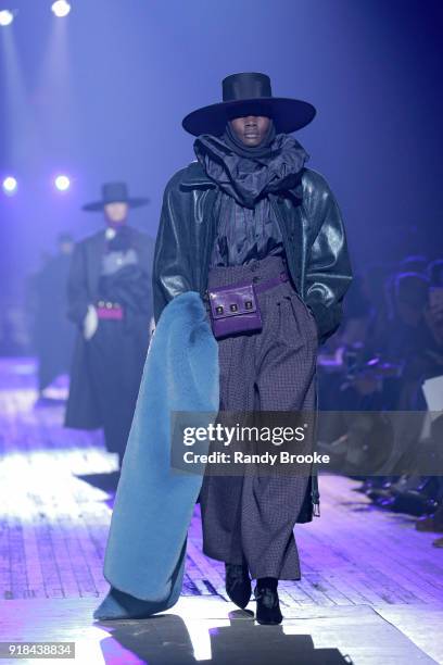 Model walks the runway during the Marc Jacobs Fall 2018 February 2018 New York Fashion Week: The Shows at Park Avenue Armory on February 14, 2018 in...