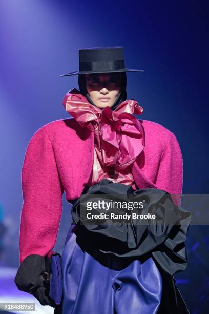 Model walks the runway during the Marc Jacobs Fall 2018 February 2018 New York Fashion Week: The Shows at Park Avenue Armory on February 14, 2018 in...