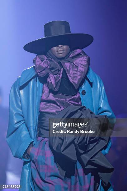 Model walks the runway during the Marc Jacobs Fall 2018 February 2018 New York Fashion Week: The Shows at Park Avenue Armory on February 14, 2018 in...