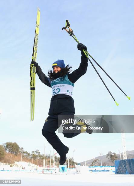 Charlotte Kalla of Sweden celebrates finishing second during the Cross-Country Skiing Ladies' 10 km Free on day six of the PyeongChang 2018 Winter...