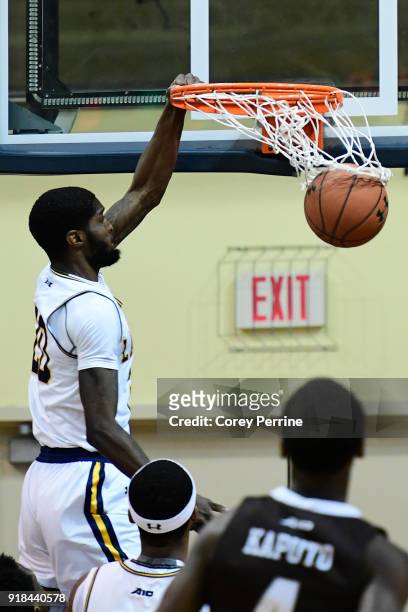 Johnson of the La Salle Explorers dunks against the St. Bonaventure Bonnies during the first half at Tom Gola Arena on February 13, 2018 in...