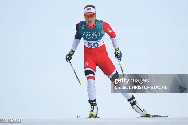 Norway's Ragnhild Haga competes to win gold during the women's 10km freestyle cross-country competition at the Alpensia cross country ski centre...