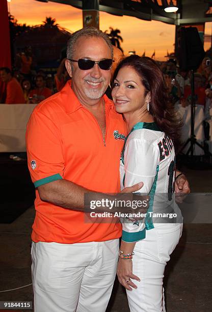 Emilio Estefan and Gloria Estefan attend the Miami Dolphins vs New York Jets Monday Night Football game at Landshark Stadium on October 12, 2009 in...