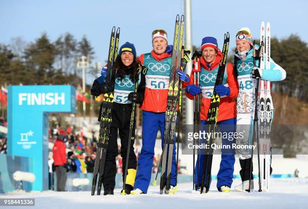 2nd placed Charlotte Kalla of Sweden, 1st placed Ragnhild Haga of Norway and joint 3rd placed Marit Bjoergen of Norway and Krista Parmakoski of...