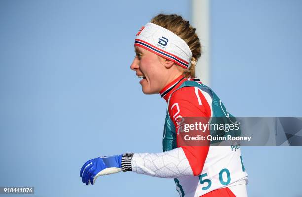 Ragnhild Haga of Norway reacts in the finish area during the Cross-Country Skiing Ladies' 10 km Free on day six of the PyeongChang 2018 Winter...