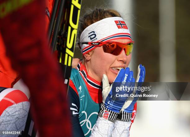 Ragnhild Haga of Norway reacts in the finish area after winning the Cross-Country Skiing Ladies' 10 km Free on day six of the PyeongChang 2018 Winter...
