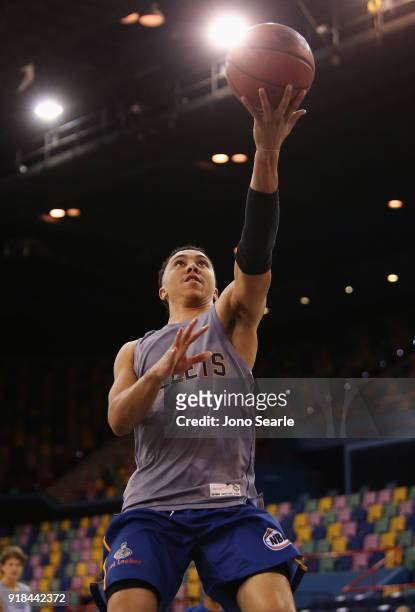 Brisbane player Travis Trice warms up before the round 19 NBL match between the Brisbane Bullets and the Sydney Kings at Brisbane Entertainment...