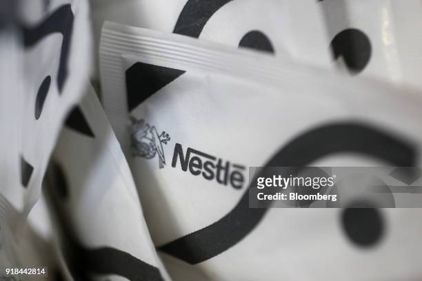 Nestle birds nest logo is displayed on a sugar sachet ahead of a news conference announcing the company's full year results in Vevey, Switzerland, on...