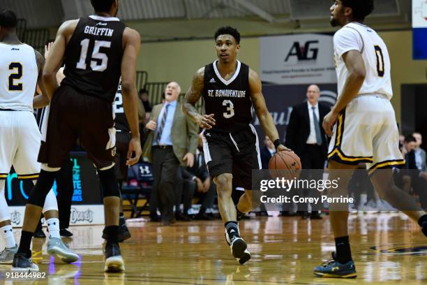 Jaylen Adams of the St. Bonaventure Bonnies dribbles against the La Salle Explorers during the first half at Tom Gola Arena on February 13, 2018 in...