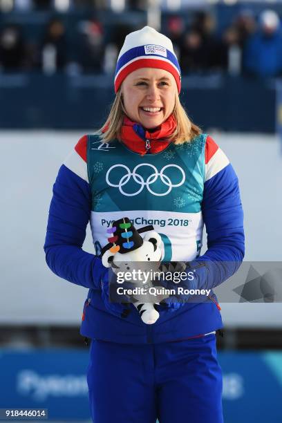 Ragnhild Haga of Norway celebrates winning the Cross-Country Skiing Ladies' 10 km Free on day six of the PyeongChang 2018 Winter Olympic Games at...