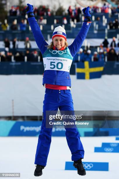 Ragnhild Haga of Norway celebrates winning the Cross-Country Skiing Ladies' 10 km Free on day six of the PyeongChang 2018 Winter Olympic Games at...