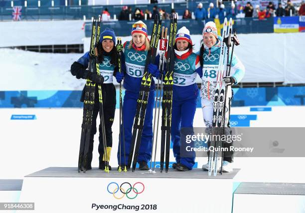 2nd placed Charlotte Kalla of Sweden, 1st placed Ragnhild Haga of Norway and joint 3rd placed Marit Bjoergen of Norway and Krista Parmakoski of...