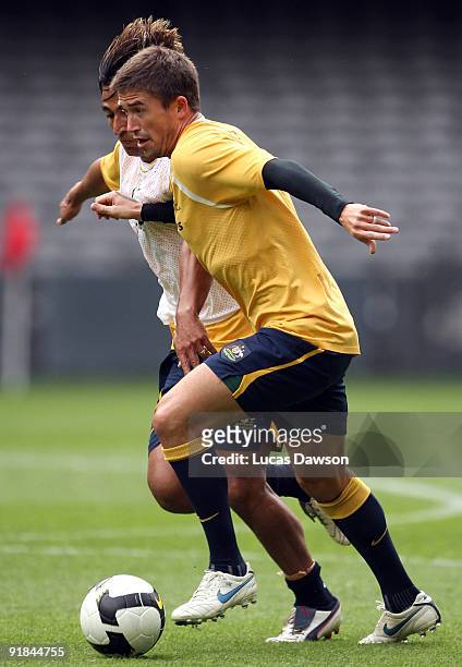 Hary Kewell of the Socceroos controls the ball at an Australian Socceroos training session at at Etihad Stadium on October 13, 2009 in Melbourne,...