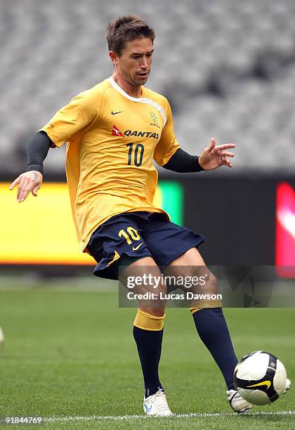 Hary Kewell of the Socceroos controls the ball at an Australian Socceroos training session at at Etihad Stadium on October 13, 2009 in Melbourne,...