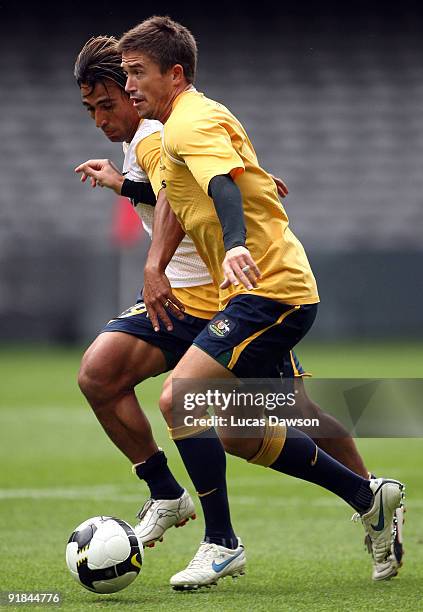 Hary Kewell of the Socceroos controls the ball at an Australian Socceroos training session at at Etihad Stadium on October 13, 2009 in Melbourne,...