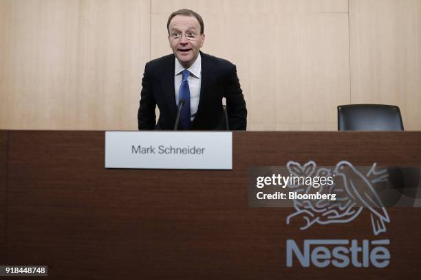 Mark Schneider, chief executive officer of Nestle SA, arrives for a news conference announcing the company's full year results in Vevey, Switzerland,...