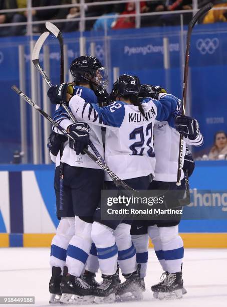 Michelle Karvinen of Finland celebrates her goal against the Olympic Athlete from Russia team during the Women's Ice Hockey Preliminary Round Group A...