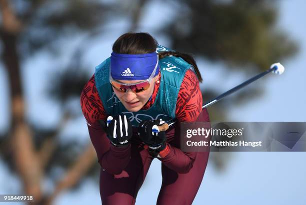 Anastasia Sedova of Olympic Athlete from Russia skis during the Cross-Country Skiing Ladies' 10 km Free on day six of the PyeongChang 2018 Winter...