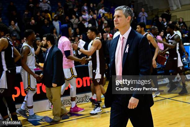 Head coach John Giannini of the La Salle Explorers walks off the court after the loss against the St. Bonaventure Bonnies at Tom Gola Arena on...