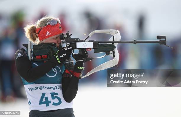 Franziska Hildebrand of Germany shoots during the Women's 15km Individual Biathlon at Alpensia Biathlon Centre on February 15, 2018 in...