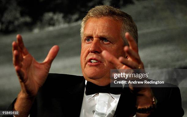 European Ryder Cup Captain, Colin Montgomerie , addresses the room during the ' A Year to Go' Gala Dinner at The Celtic Manor Resort on October 12,...