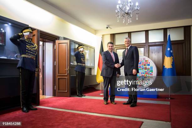 German Foreign Minister Sigmar Gabriel meets Hashim Thaci , President of Kosovo, on February 15, 2018 in Pristina, Kosovo. Gabriel travels Serbia and...