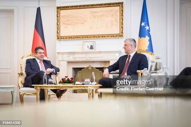 German Foreign Minister Sigmar Gabriel meets Hashim Thaci , President of Kosovo, on February 15, 2018 in Pristina, Kosovo. Gabriel travels Serbia and...