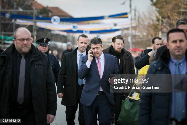 German Foreign Minister Sigmar Gabriel phones during a walk on February 15, 2018 in Pristina, Kosovo. Gabriel travels Serbia and Kosovo for political...