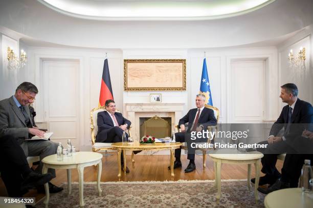 German Foreign Minister Sigmar Gabriel meets Hashim Thaci , President of Kosovo, on February 15, 2018 in Pristina, Kosovo. Gabriel travels Serbia and...